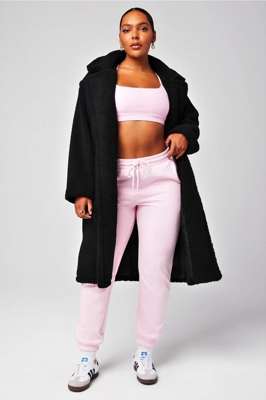 FABLETICS Teddy Long Faux Shearling Sherpa Fleece Black Open Front Coat Size M